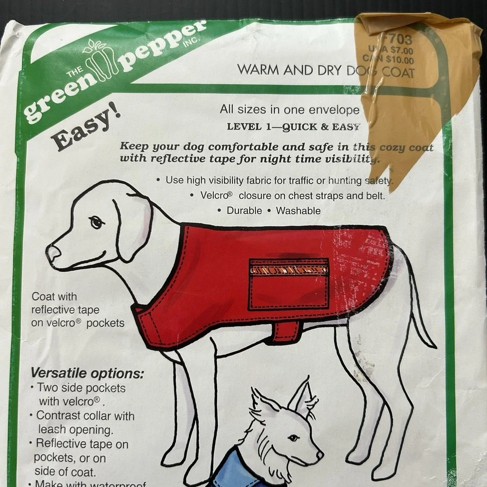 The Green Pepper Quick And‎ Easy Dog Jacket Sewing Pattern XS- L Uncut